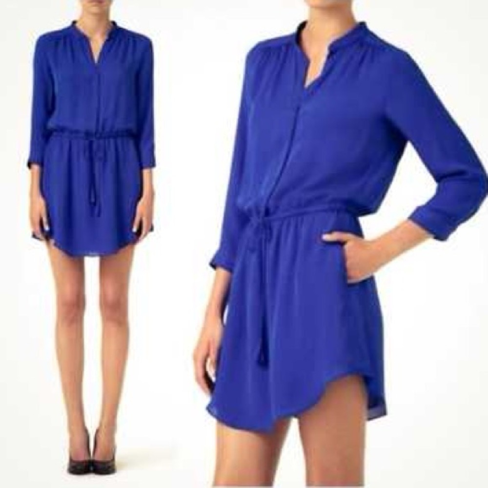 BABATON Aritzia 100% Silk Bennett Dress Blue Print Size Small Shirt Button Down